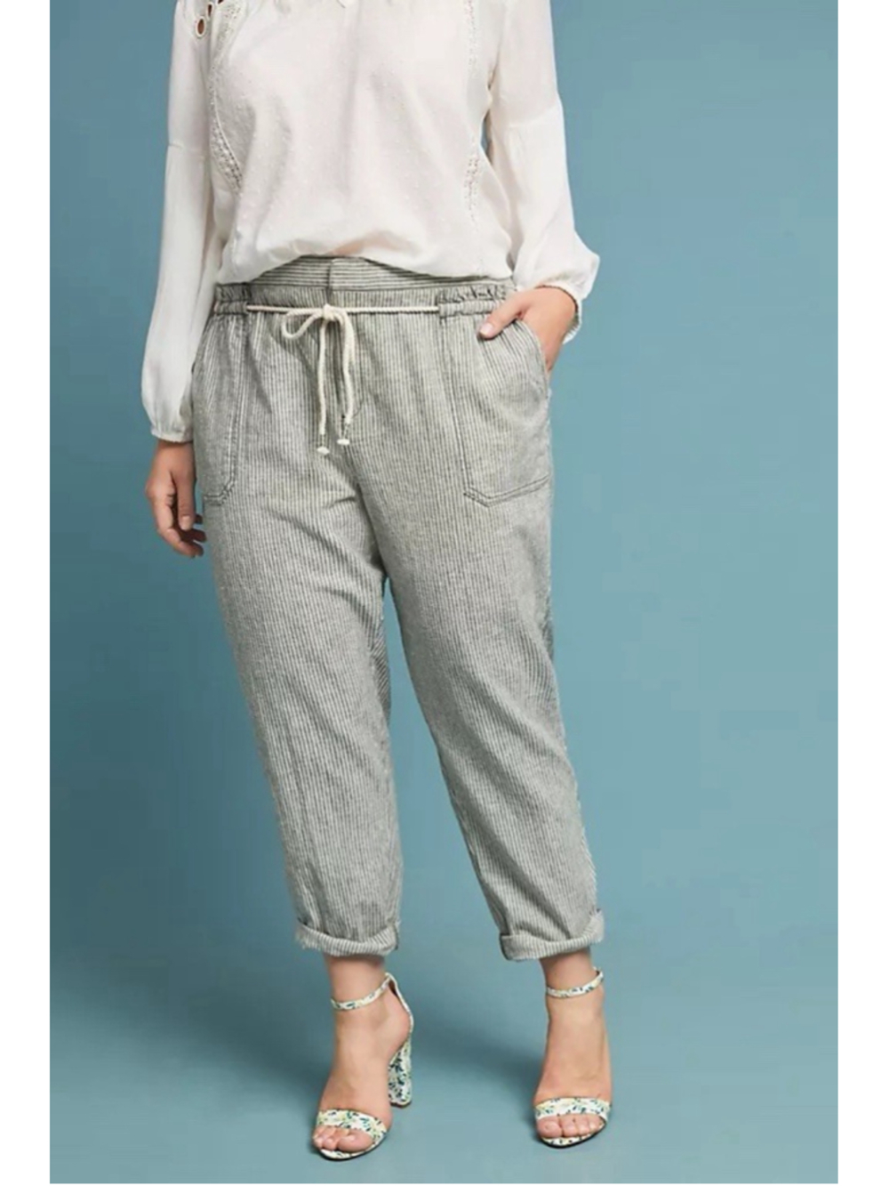 Anthropologie Seashore Green Striped Linen Blend Relaxed Pants Size XL